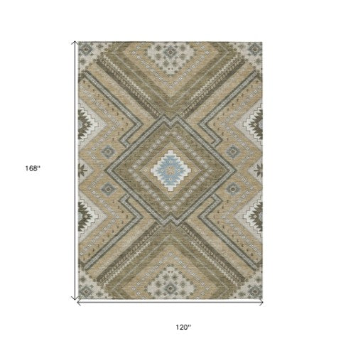 Homeroots 3' Beige Gray Ivory Tribal Washable Area Rug For Indoor Outdoor Use - Durable And Stylish Design 10' X 14' Polyester 598093