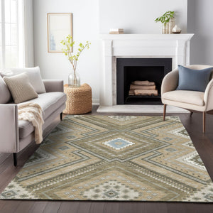 Homeroots 3' Beige Gray Ivory Tribal Washable Area Rug For Indoor Outdoor Use - Durable And Stylish Design 10' X 14' Polyester 598093