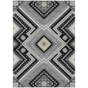 HomeRoots 5' Durable Tribal Pattern Area Rug - Stylish Black Gray Ivory Design for Indoor & Outdoor Spaces 5' X 8' 598095