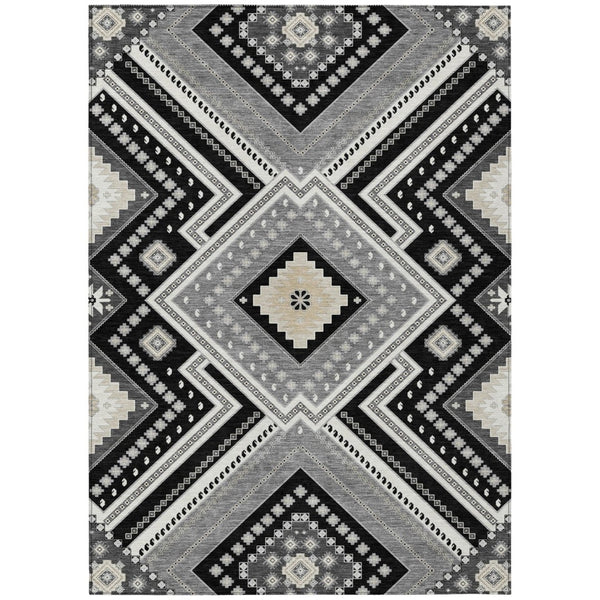 HomeRoots 5' Durable Tribal Pattern Area Rug - Stylish Black Gray Ivory Design for Indoor & Outdoor Spaces 5' X 8' 598095