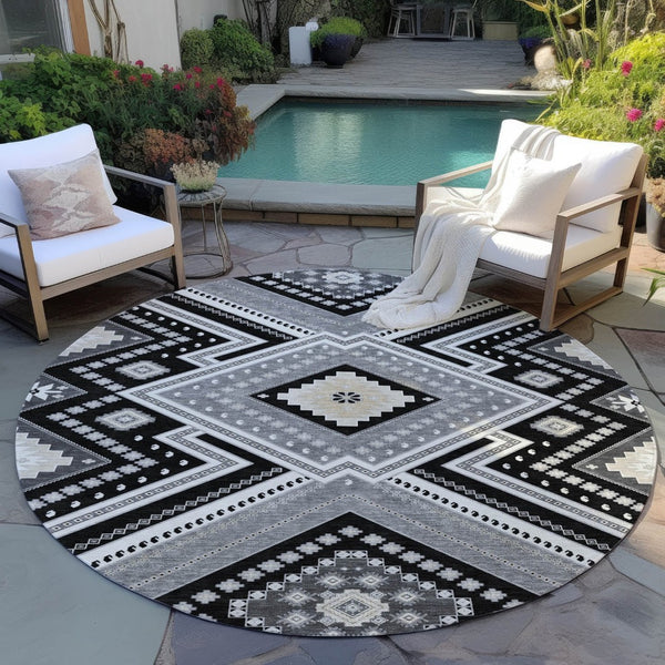 HomeRoots 5' Durable Tribal Pattern Area Rug - Stylish Black Gray Ivory Design for Indoor & Outdoor Spaces 8' Round 598096