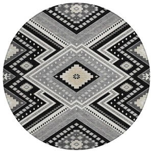 HomeRoots 5' Durable Tribal Pattern Area Rug - Stylish Black Gray Ivory Design for Indoor & Outdoor Spaces 8' Round 598096