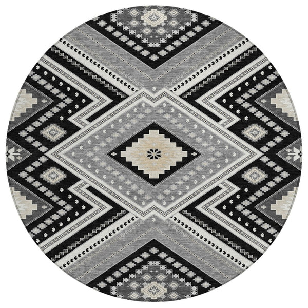 HomeRoots 5' Durable Tribal Pattern Area Rug - Stylish Black Gray Ivory Design for Indoor & Outdoor Spaces 8' Round 598096