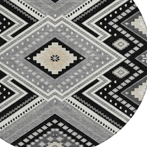 HomeRoots 5' Durable Tribal Pattern Area Rug - Stylish Black Gray Ivory Design for Indoor & Outdoor Spaces 8' Round 598096