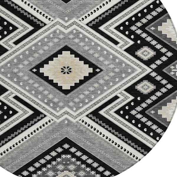 HomeRoots 5' Durable Tribal Pattern Area Rug - Stylish Black Gray Ivory Design for Indoor & Outdoor Spaces 8' Round 598096