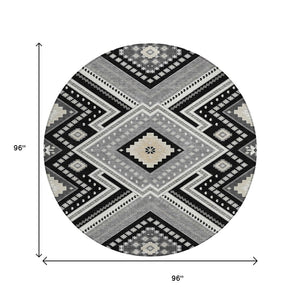 HomeRoots 5' Durable Tribal Pattern Area Rug - Stylish Black Gray Ivory Design for Indoor & Outdoor Spaces 8' Round 598096