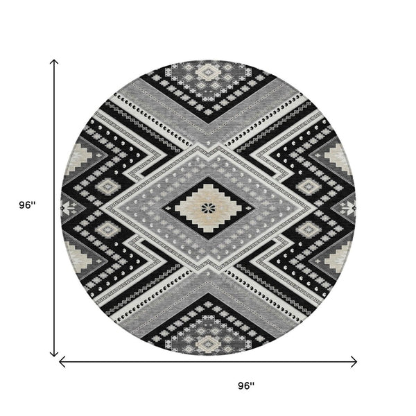 HomeRoots 5' Durable Tribal Pattern Area Rug - Stylish Black Gray Ivory Design for Indoor & Outdoor Spaces 8' Round 598096