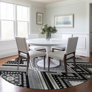 HomeRoots 5' Durable Tribal Pattern Area Rug - Stylish Black Gray Ivory Design for Indoor & Outdoor Spaces 8' Round 598096