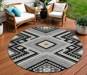HomeRoots 5' Durable Tribal Pattern Area Rug - Stylish Black Gray Ivory Design for Indoor & Outdoor Spaces 8' Round 598096