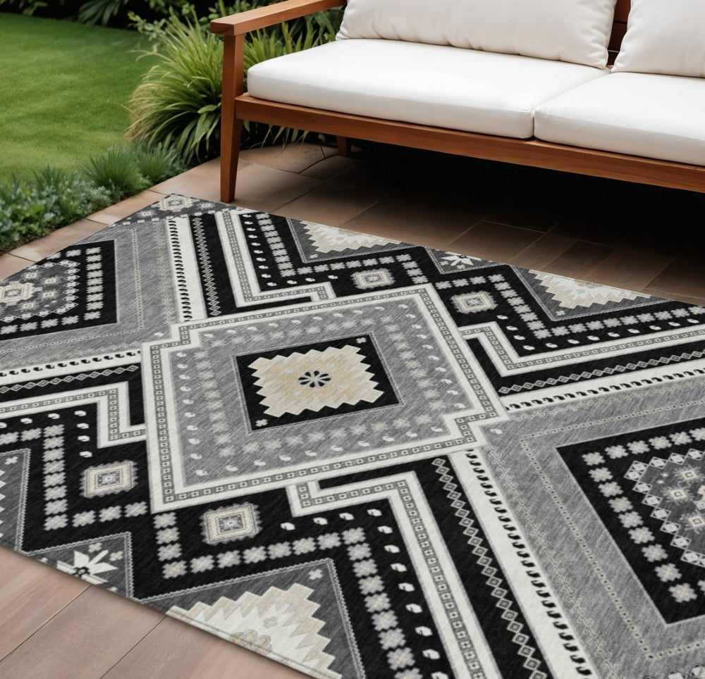 HomeRoots 9' X 12' Tribal Area Rug - Stylish Black, Gray & Ivory Design for Indoor/Outdoor Use, Machine Washable 598098