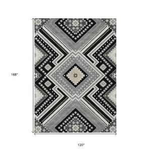 Homeroots 3' Beige Gray Ivory Tribal Washable Area Rug For Indoor Outdoor Use - Durable And Stylish Design 10' X 14' Polyester 598099