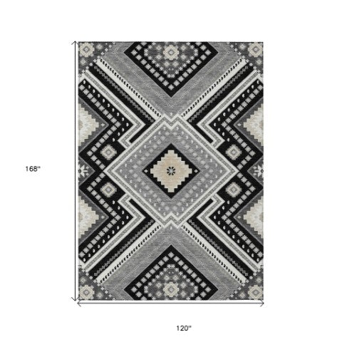 Homeroots 3' Beige Gray Ivory Tribal Washable Area Rug For Indoor Outdoor Use - Durable And Stylish Design 10' X 14' Polyester 598099
