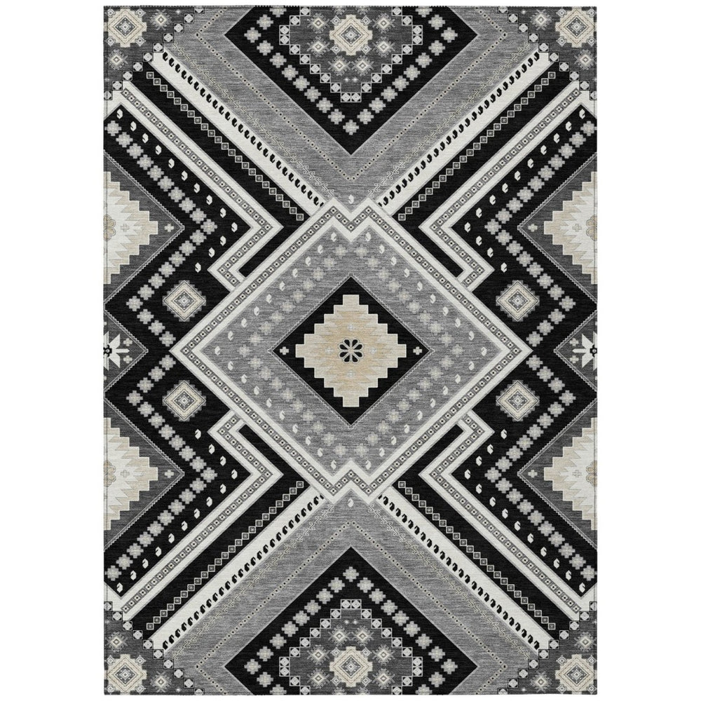 HomeRoots 5' Durable Tribal Pattern Area Rug - Stylish Black Gray Ivory Design for Indoor & Outdoor Spaces 10' X 14' 598099