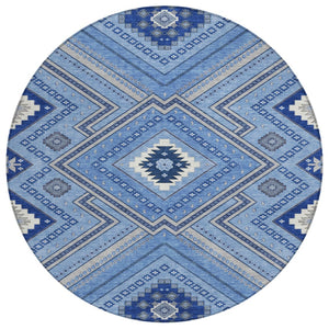 HomeRoots 5' Stylish Blue Gray Ivory Tribal Rug - Washable Indoor Outdoor Area for High-Traffic Spaces 8' Round 598102