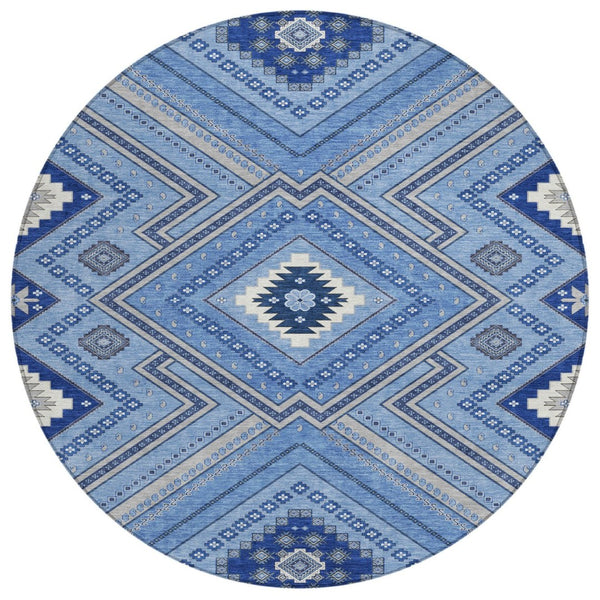 HomeRoots 5' Stylish Blue Gray Ivory Tribal Rug - Washable Indoor Outdoor Area for High-Traffic Spaces 8' Round 598102