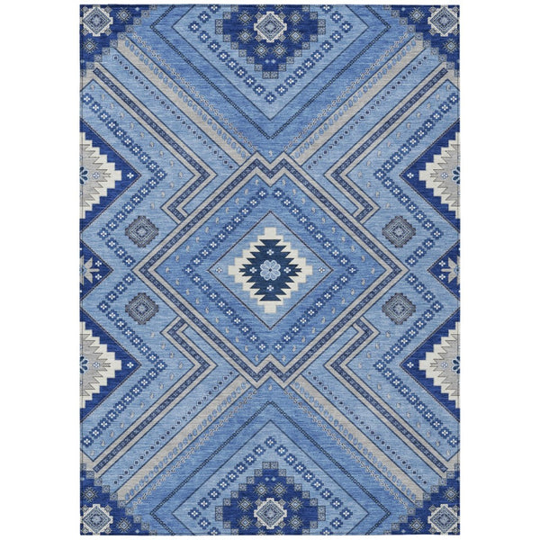 HomeRoots 5' Stylish Blue Gray Ivory Tribal Rug - Washable Indoor Outdoor Area for High-Traffic Spaces 10' X 14' 598105