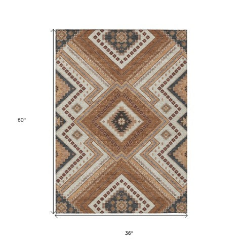 Homeroots 3' Beige Gray Ivory Tribal Washable Area Rug For Indoor Outdoor Use - Durable And Stylish Design 3' X 5' Polyester 598106
