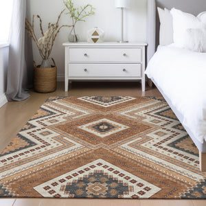 Homeroots 3' Beige Gray Ivory Tribal Washable Area Rug For Indoor Outdoor Use - Durable And Stylish Design 5' X 8' Polyester 598107