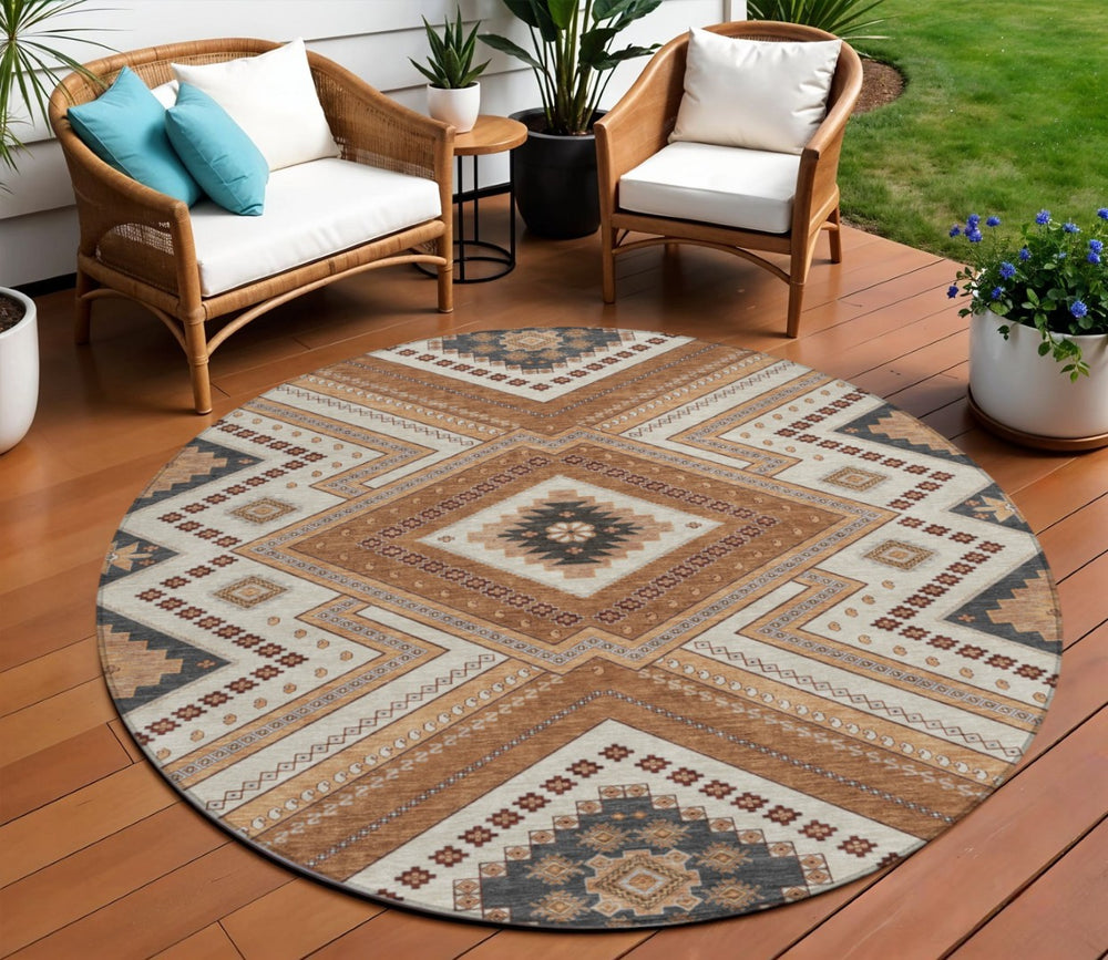 HomeRoots 5' Durable Copper Brown and Beige Tribal Area Rug for Indoor and Outdoor Use - Washable Design 8' Round 598108