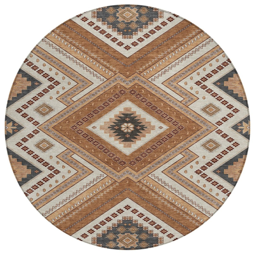 HomeRoots 5' Durable Copper Brown and Beige Tribal Area Rug for Indoor and Outdoor Use - Washable Design 8' Round 598108