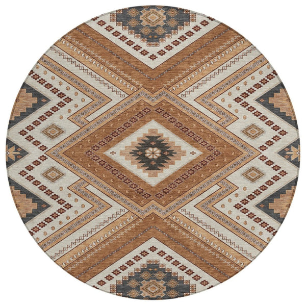 HomeRoots 5' Durable Copper Brown and Beige Tribal Area Rug for Indoor and Outdoor Use - Washable Design 8' Round 598108