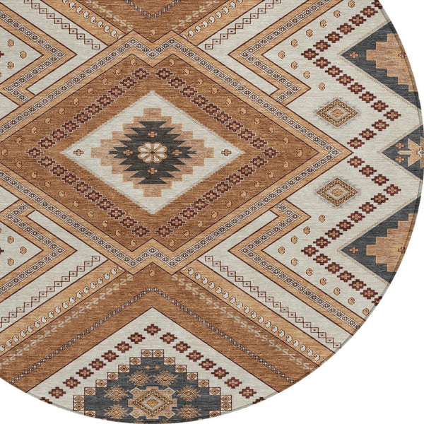 Homeroots 3' Beige Gray Ivory Tribal Washable Area Rug For Indoor Outdoor Use - Durable And Stylish Design 8' Round Polyester 598108