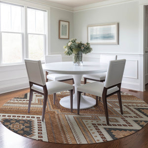 Homeroots 3' Beige Gray Ivory Tribal Washable Area Rug For Indoor Outdoor Use - Durable And Stylish Design 8' Round Polyester 598108