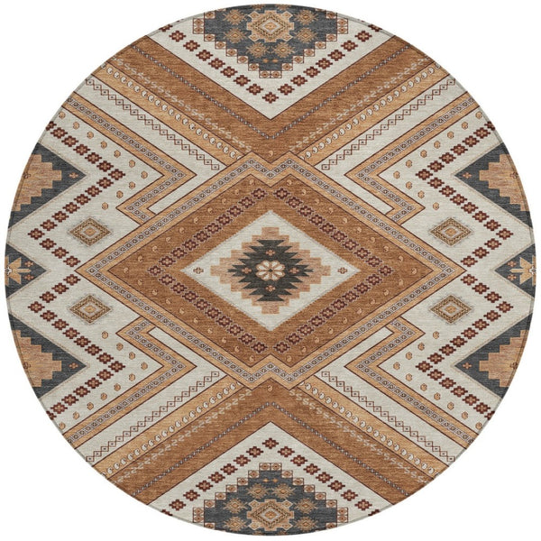 Homeroots 3' Beige Gray Ivory Tribal Washable Area Rug For Indoor Outdoor Use - Durable And Stylish Design 8' Round Polyester 598108