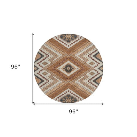 Homeroots 3' Beige Gray Ivory Tribal Washable Area Rug For Indoor Outdoor Use - Durable And Stylish Design 8' Round Polyester 598108