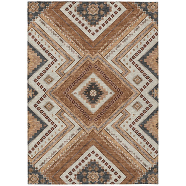 HomeRoots 5' Durable Copper Brown and Beige Tribal Area Rug for Indoor and Outdoor Use - Washable Design 8' X 10' 598109
