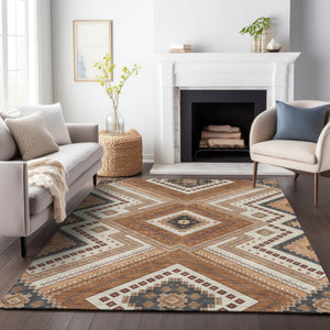 Homeroots 3' Beige Gray Ivory Tribal Washable Area Rug For Indoor Outdoor Use - Durable And Stylish Design 8' X 10' Polyester 598109