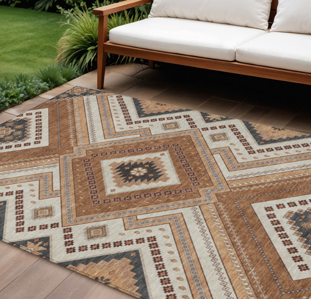 HomeRoots 9' X 12' Copper Brown Tribal Area Rug – Durable, Washable Indoor/Outdoor Rug for High-Traffic Spaces 598110