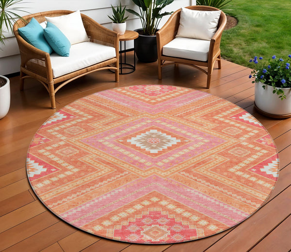 Homeroots 3' Beige Gray Ivory Tribal Washable Area Rug For Indoor Outdoor Use - Durable And Stylish Design 8' Round Polyester 598114