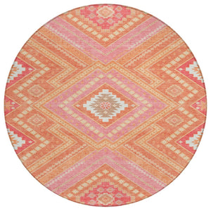 HomeRoots 5' Coral Pink and Ivory Tribal Area Rug - Stylish, Washable, Durable for Indoor and Outdoor Spaces 8' Round 598114