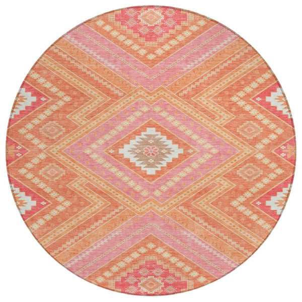 HomeRoots 5' Coral Pink and Ivory Tribal Area Rug - Stylish, Washable, Durable for Indoor and Outdoor Spaces 8' Round 598114