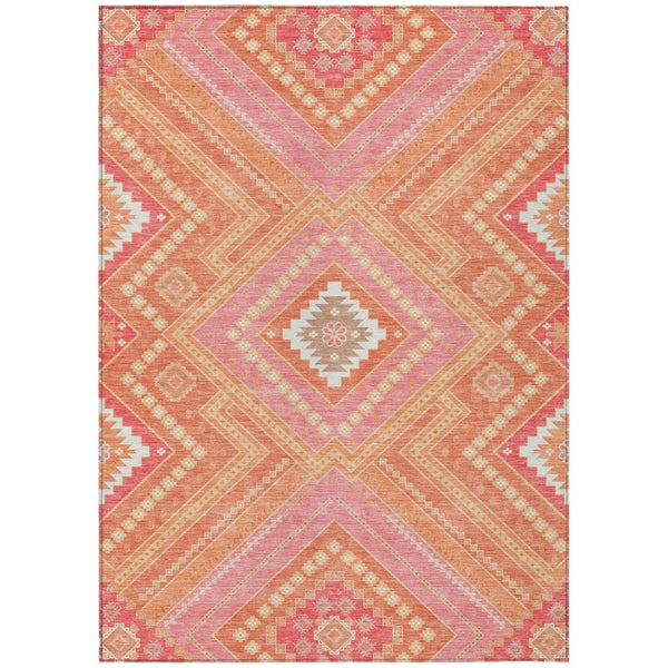HomeRoots 5' Coral Pink and Ivory Tribal Area Rug - Stylish, Washable, Durable for Indoor and Outdoor Spaces 10' X 14' 598117