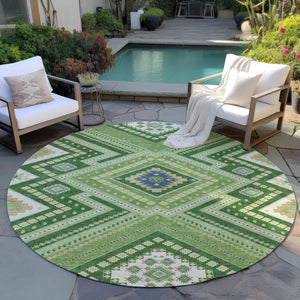 Homeroots 3' Beige Gray Ivory Tribal Washable Area Rug For Indoor Outdoor Use - Durable And Stylish Design 8' Round Polyester 598120