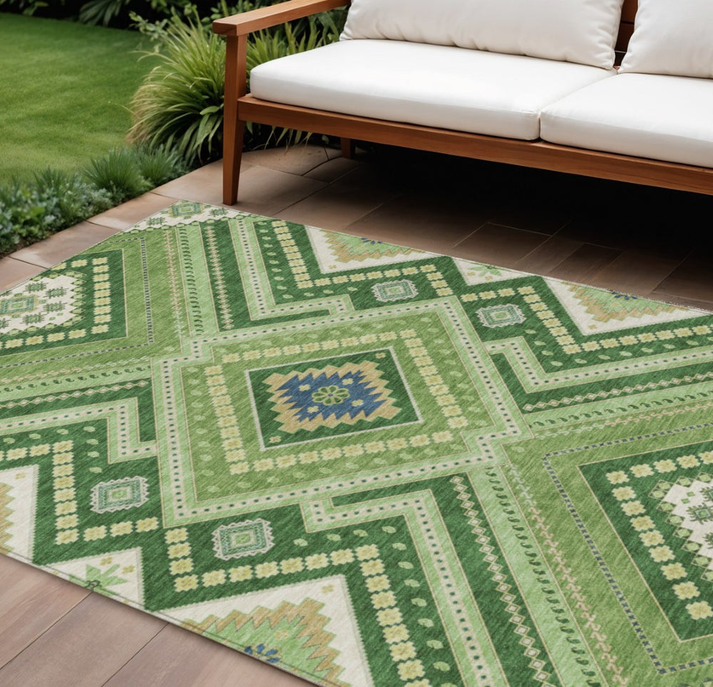 HomeRoots 9' X 12' Tribal Washable Area Rug in Green, Ivory & Beige - Versatile Indoor/Outdoor Decor Solution! 598122