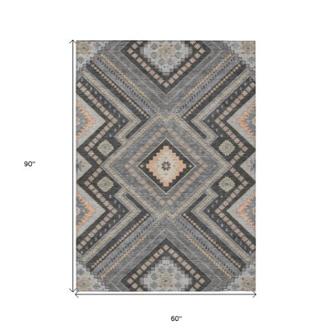 Homeroots 3' Beige Gray Ivory Tribal Washable Area Rug For Indoor Outdoor Use - Durable And Stylish Design 5' X 8' Polyester 598125