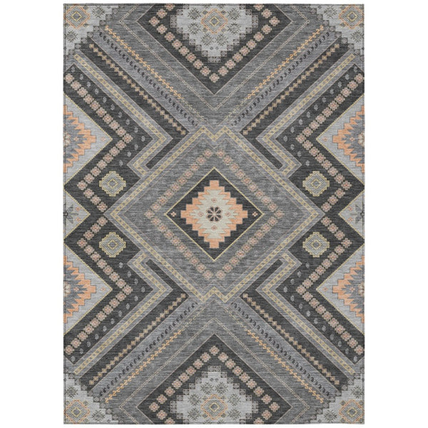 HomeRoots 5' Gray Charcoal and Pink Tribal Indoor Outdoor Area Rug - Durable, Washable, Stylish Design for Any Space 5' X 8' 598125