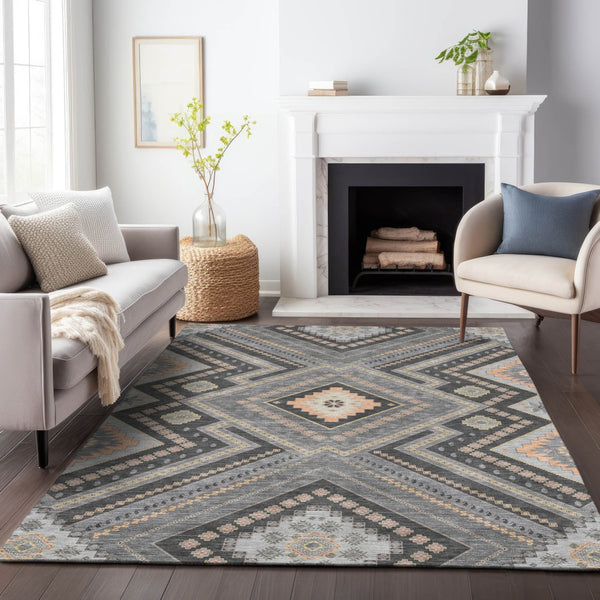 Homeroots 3' Beige Gray Ivory Tribal Washable Area Rug For Indoor Outdoor Use - Durable And Stylish Design 5' X 8' Polyester 598125