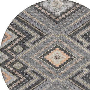 Homeroots 3' Beige Gray Ivory Tribal Washable Area Rug For Indoor Outdoor Use - Durable And Stylish Design 8' Round Polyester 598126