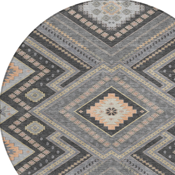 Homeroots 3' Beige Gray Ivory Tribal Washable Area Rug For Indoor Outdoor Use - Durable And Stylish Design 8' Round Polyester 598126