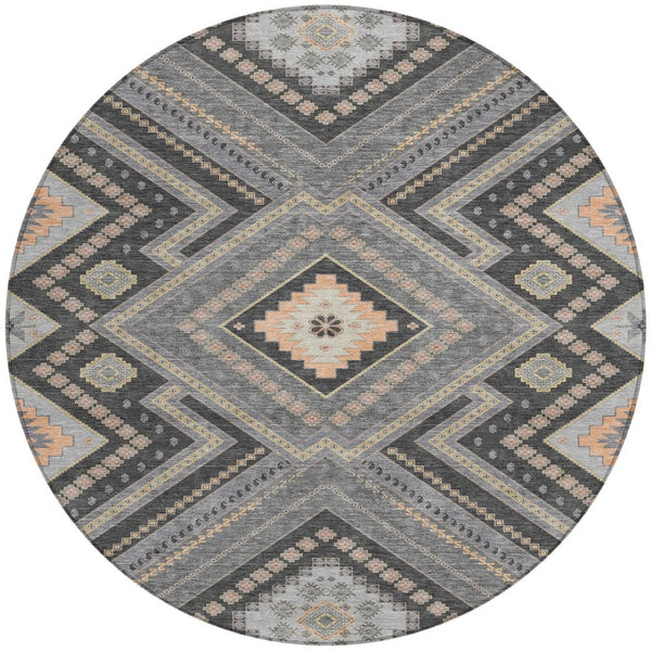 Homeroots 3' Beige Gray Ivory Tribal Washable Area Rug For Indoor Outdoor Use - Durable And Stylish Design 8' Round Polyester 598126