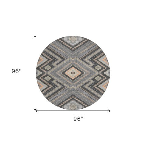 Homeroots 3' Beige Gray Ivory Tribal Washable Area Rug For Indoor Outdoor Use - Durable And Stylish Design 8' Round Polyester 598126