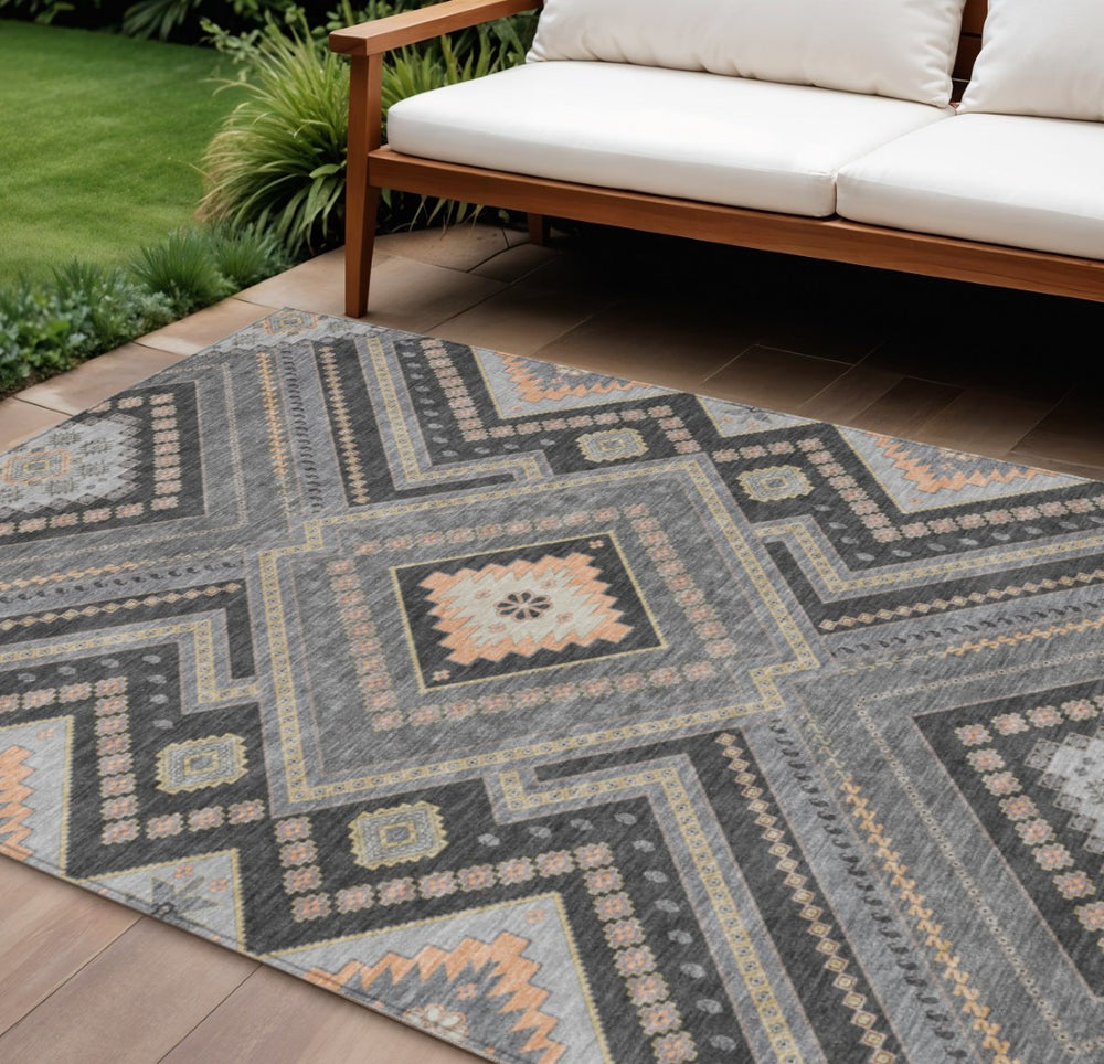 HomeRoots 9' X 12' Gray Charcoal and Pink Tribal Washable Rug - Durable Indoor/Outdoor Design for Any Space! 598128