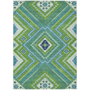 HomeRoots 5' Vibrant Lime Green Aqua Ivory Tribal Area Rug - Washable, Durable, Indoor/Outdoor Accent Piece 5' X 8' 598131
