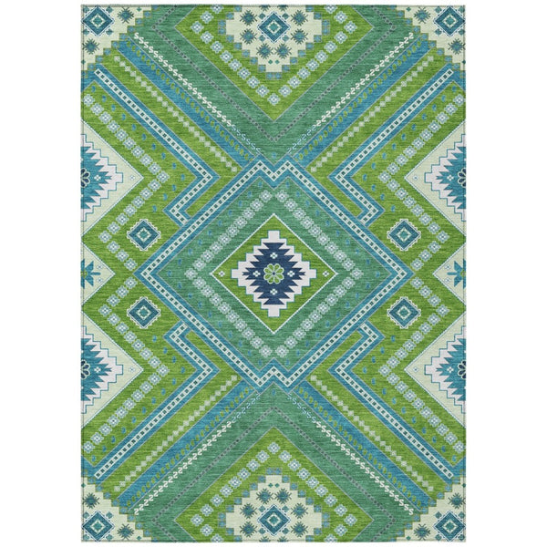 HomeRoots 5' Vibrant Lime Green Aqua Ivory Tribal Area Rug - Washable, Durable, Indoor/Outdoor Accent Piece 5' X 8' 598131