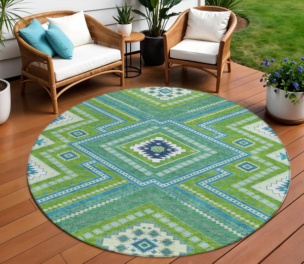 Homeroots 3' Beige Gray Ivory Tribal Washable Area Rug For Indoor Outdoor Use - Durable And Stylish Design 8' Round Polyester 598132