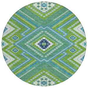 HomeRoots 5' Vibrant Lime Green Aqua Ivory Tribal Area Rug - Washable, Durable, Indoor/Outdoor Accent Piece 8' Round 598132